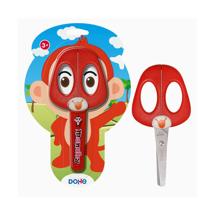 Dohe Tijera Escolar para Niños - Acero Inoxidable - Puntas Redondeadas - Funda para las Hojas - Diseño Mono