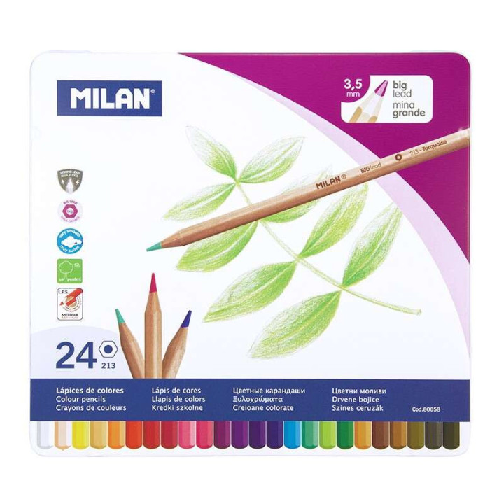 Milan Caja Metalica con 24 Lapices Hexagonales de Colores - Mina 3.5mm - Trazo Uniforme - Resistente a la Rotura - Colores Surt