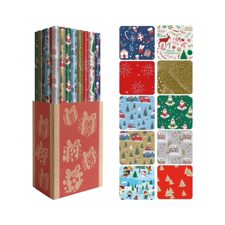 Dohe Navidad Expositor de 50 Rollos de Papel Regalo - 10 Diseños Diferentes - 5 Rollos por Diseño - Medidas del Rollo 0.70x2m