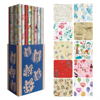 Dohe Everyday Expositor de 50 Rollos de Papel Regalo - 10 Diseños Diferentes - 5 Rollos por Diseño - Medidas del Rollo 0.70x2