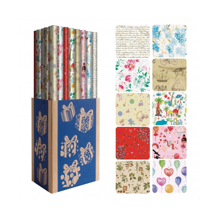 Dohe Everyday Expositor de 50 Rollos de Papel Regalo - 10 Diseños Diferentes - 5 Rollos por Diseño - Medidas del Rollo 0.70x2