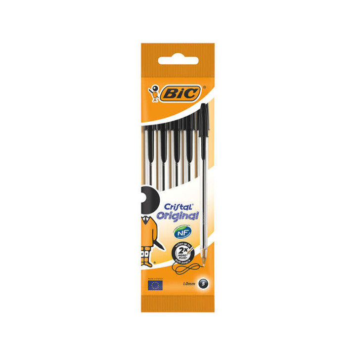 Bic Cristal Original Pack de 5 Boligrafos de Bola - Punta Redonda de 1.0mm - Trazo 0.4mm - Tinta con Base de Aceite - Color Neg