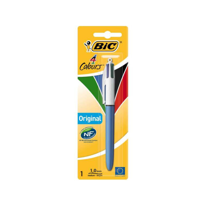 Bic 4 Colours Original Boligrafo de Bola Retractil - Punta Media de 1.0mm - Tinta con Base de Aceite - Cuerpo Azul/Blanco - 4 C