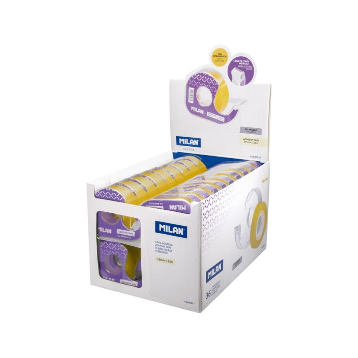 Milan Expositor de 36 Cintas Adhesivas Transparentes con Dispensador - Medidas 19mm x 33m - Color Amarillo Transparente