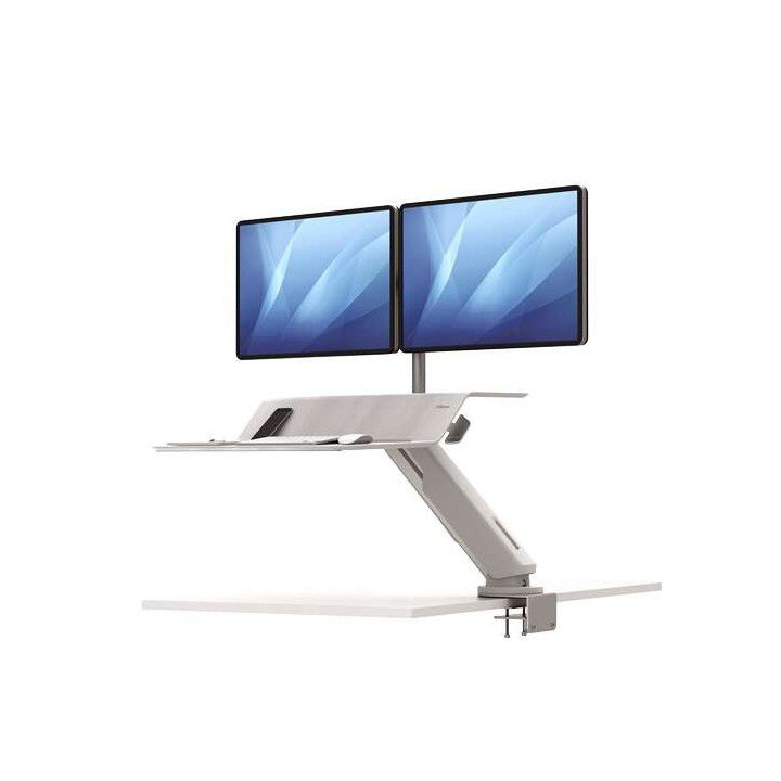 Fellowes Sit-Stand Lotus RT Estacion de Trabajo Doble - Amplia Superficie - Incluye Brazo Monitor - Superficie de Madera Resist