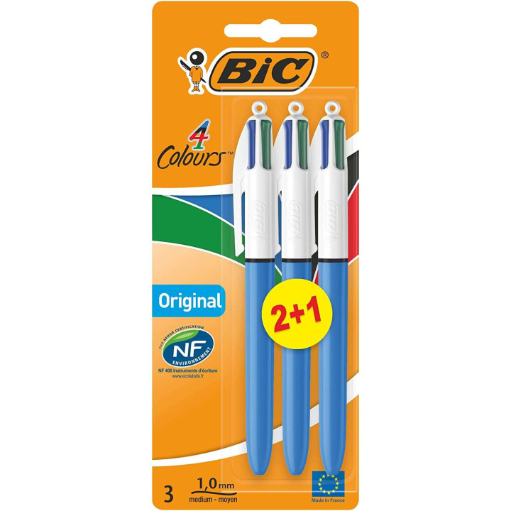 Bic 4 Colours Original Pack de 3 Boligrafos de Bola Retractil - Punta Media de 1.0mm - Tinta con Base de Aceite - Cuerpo Azul/B