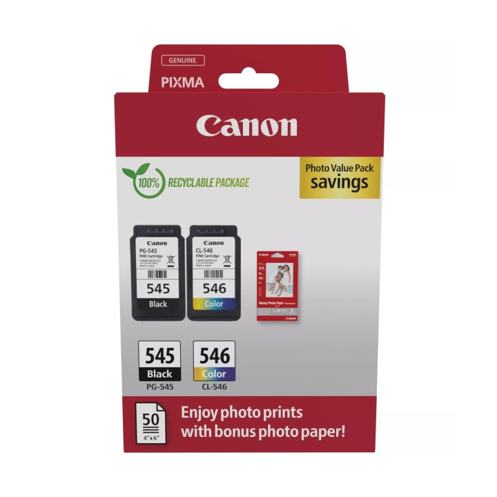 Canon PG545 Negro + CL546 Color Pack de Cartuchos de Tinta Originales + 50 Hojas de Papel Fotografico - 8287B008/8287B006/8287B