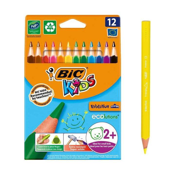 Bic Kids Evolution Triangle Pack de 12 Lapices de Colores Triangulares - Punta Ultraresistente - Sin Madera