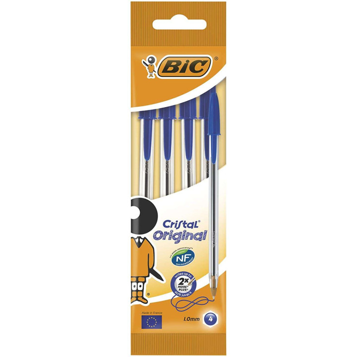 Bic Cristal Original Pack de 4 Boligrafos de Bola - Punta Redonda de 1.0mm - Trazo 0.4mm - Tinta con Base de Aceite - Color Azu