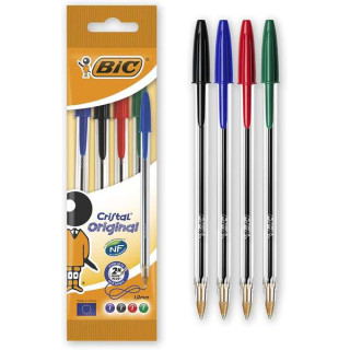 Bic Cristal Original Pack de 4 Boligrafos de Bola - Punta Redonda de 1.0mm - Trazo 0.4mm - Tinta con Base de Aceite - Colores S