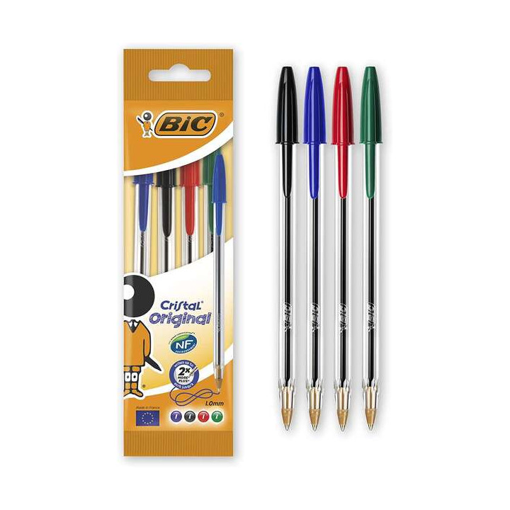 Bic Cristal Original Pack de 4 Boligrafos de Bola - Punta Redonda de 1.0mm - Trazo 0.4mm - Tinta con Base de Aceite - Colores S