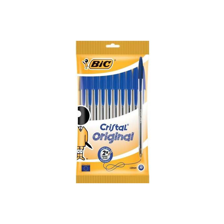 Bic Cristal Original Pack de 10 Boligrafos de Bola - Punta Redonda de 1.0mm - Trazo 0.4mm - Tinta con Base de Aceite - Color Az