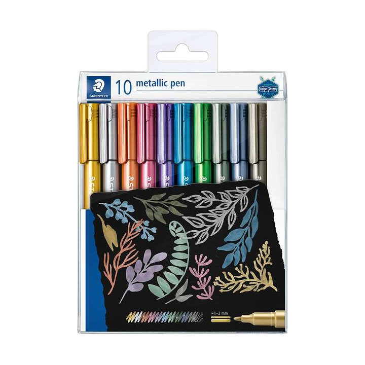 Staedtler Metallic Pen Pack de 10 Rotuladores de Punta Fina - Tinta Base de Agua - Trazo 1 - 2mm Aprox - Colores Surtidos