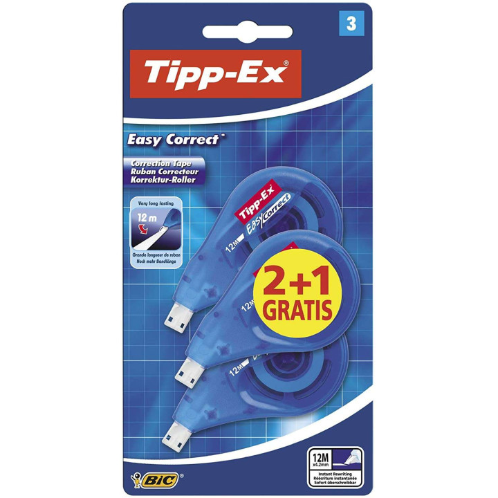 Tipp-Ex Easy Correct 2+1 Pack de 3 Cintas Correctoras 4.2mm x 12m - Resistente - Escritura Instantanea (Blister)