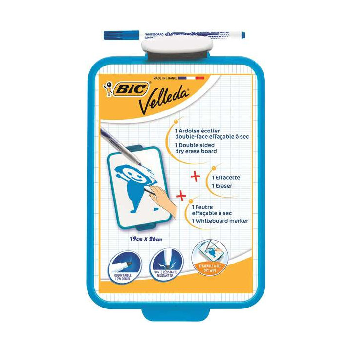 Bic Velleda Pizarra Escolar Dos Superficies Blanca y Milimetrada + 1 Marcador Velleda Azul + 1 Borrador - Dimensiones: 26x19 cm