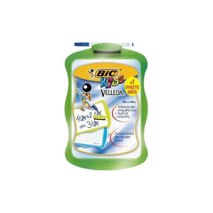 Bic Velleda Kids Pizarra Escolar Blanca y Milimetrada + 1 Marcador Velleda Azul + 1 Borrador - Dimensiones: 20x30cm - Colores A