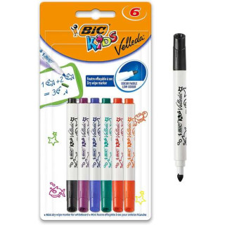 Bic Kids Mini Velleda Pack de 6 Rotuladores para Pizarra - Punta Bloqueada - Tinta con Base de Alcohol - Borrado Optimo - Color