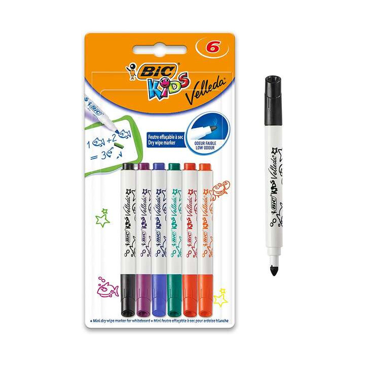 Bic Kids Mini Velleda Pack de 6 Rotuladores para Pizarra - Punta Bloqueada - Tinta con Base de Alcohol - Borrado Optimo - Color