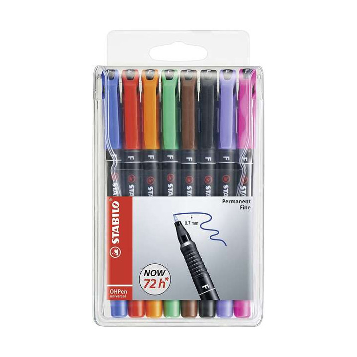 Stabilo OHPen Pack de 8 Rotuladores Permanentes - Punta Fina - Trazo de 0.7mm - Agarre Antideslizante - Tapon Ventilado - Color