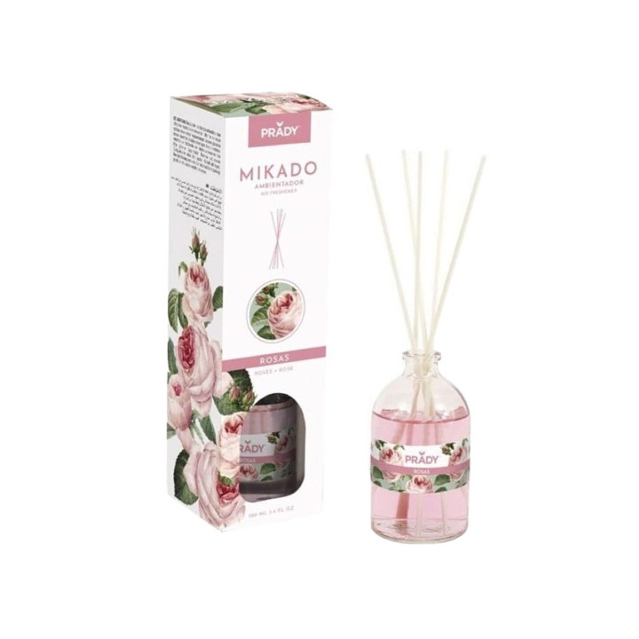 Prady Ambientador Mikado Rosas - Frasco de Cristal 100 ml y Varitas Difusoras