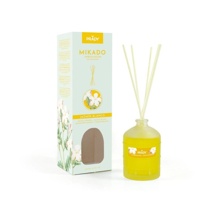 Prady Ambientador Mikado Jazmin Blanco - Frasco de Cristal 100 ml y Varitas Difusoras