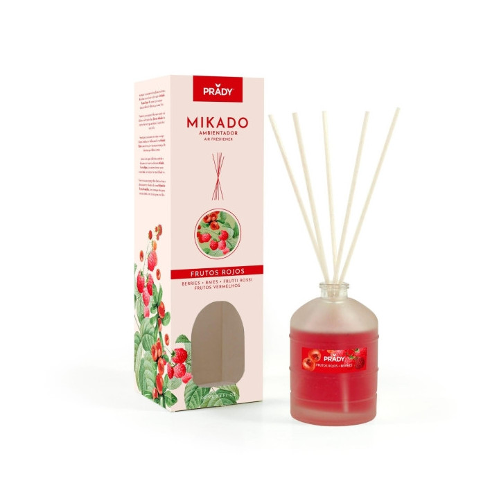 Prady Ambientador Mikado Frutos Rojos - Frasco de Cristal 100 ml y Varitas Difusoras
