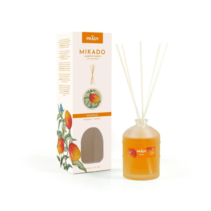 Prady Ambientador Mikado Mango - Frasco de Cristal 100 ml y Varitas Difusoras