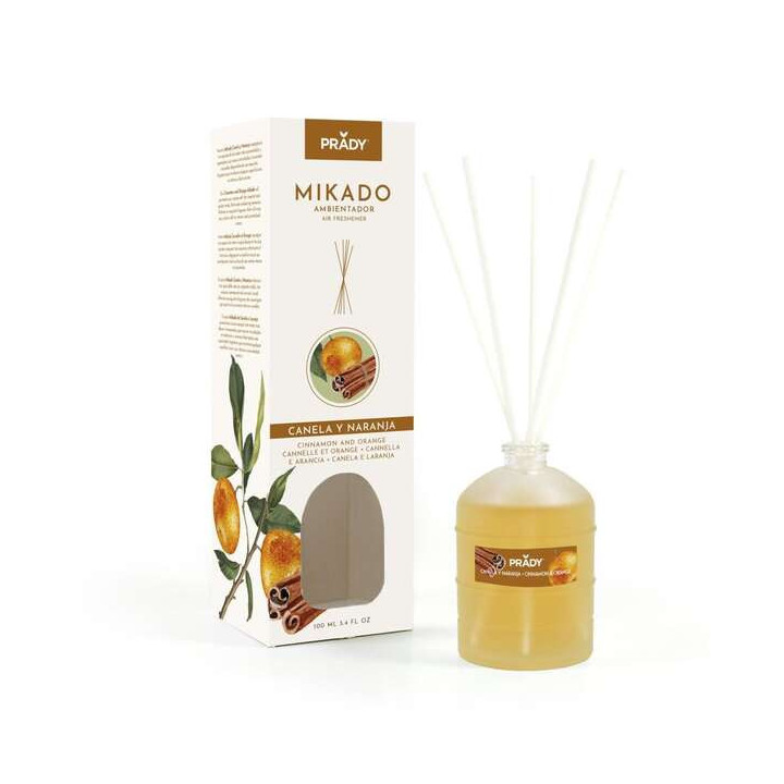 Prady Ambientador Mikado Canela y Naranja - Frasco de Cristal 100ml y Varitas Difusoras
