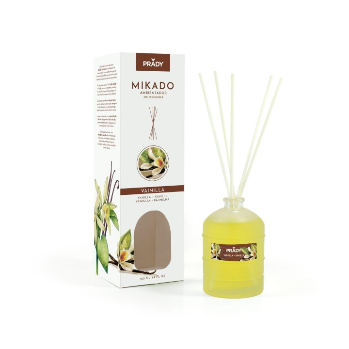 Prady Ambientador Mikado Vainilla - Frasco de Cristal 100 ml y Varitas Difusoras