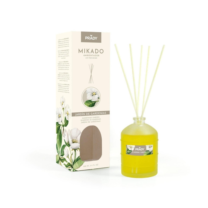 Prady Ambientador Mikado Jardin de Gardenias - Frasco de Cristal 100 ml y Varitas Difusoras