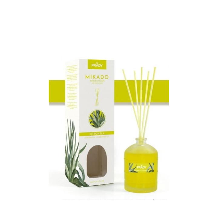 Prady Ambientador Mikado Citronela - Frasco de Cristal 100 ml y Varitas Difusoras