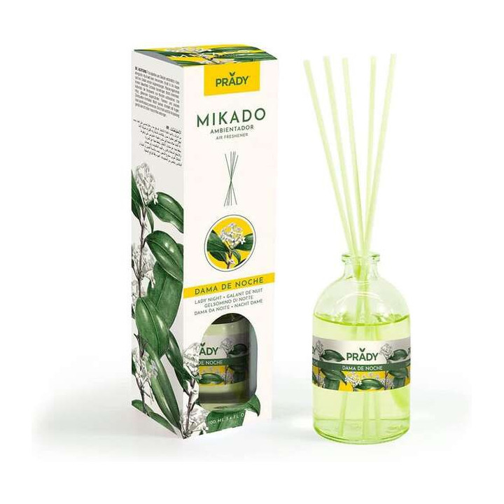Prady Ambientador Mikado Dama de Noche - Frasco de Cristal 100ml y Varitas Difusoras