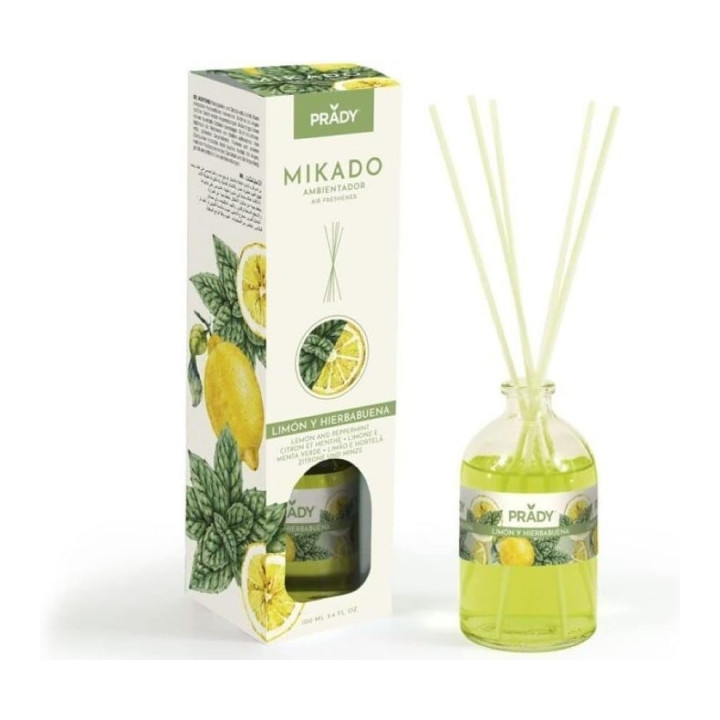 Prady Ambientador Mikado Limon y Hierbabuena - Frasco de Cristal 100 ml y Varitas Difusoras
