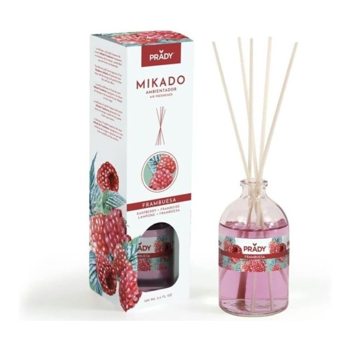 Prady Ambientador Mikado Frambuesa - Frasco de Cristal 100 ml y Varitas Difusoras