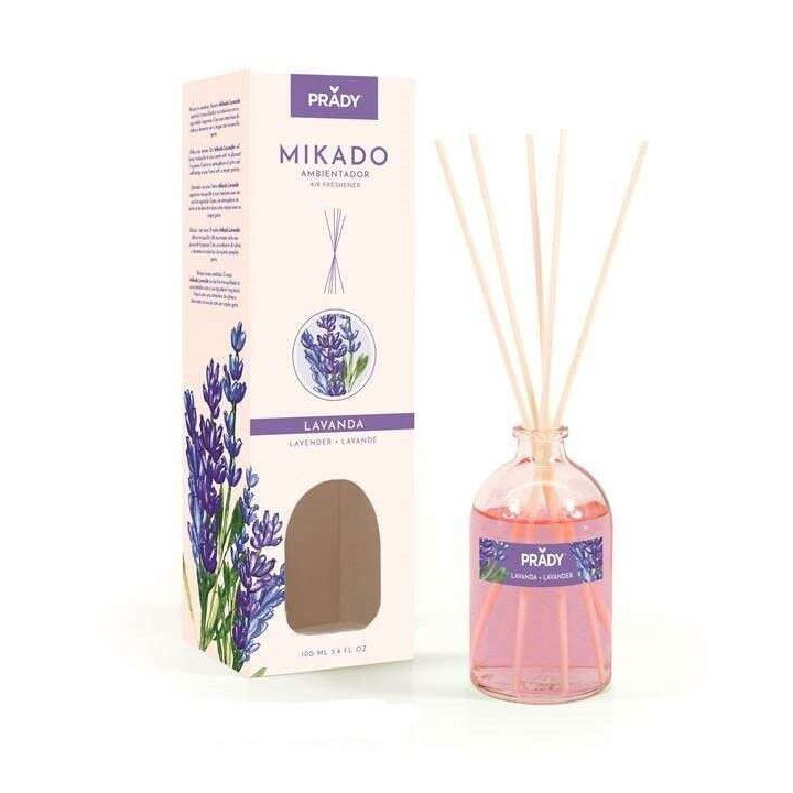 Prady Ambientador Mikado Lavanda - Frasco de Cristal 100ml y Varitas Difusoras