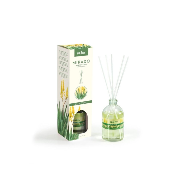 Prady Ambientador Mikado Aloe Vera - Frasco de Cristal 100 ml y Varitas Difusoras