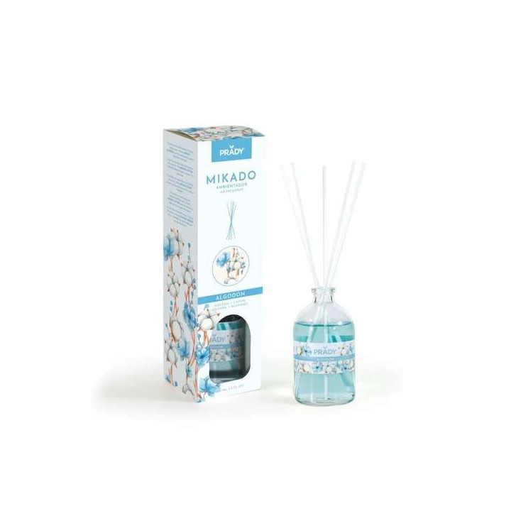 Prady Ambientador Mikado Algodon - Frasco de Cristal 100 ml y Varitas Difusoras