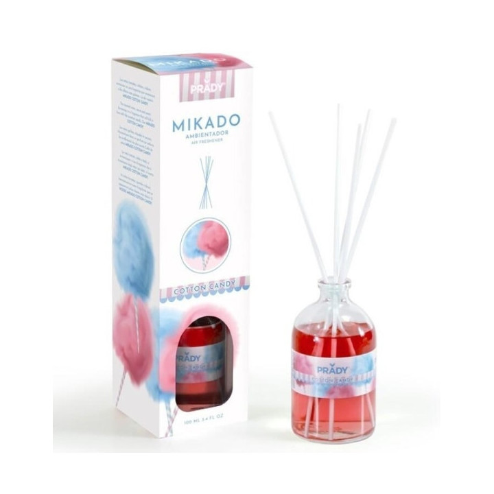 Prady Ambientador Mikado Algodon de Azucar - Frasco de Cristal 100ml y Varitas Difusoras
