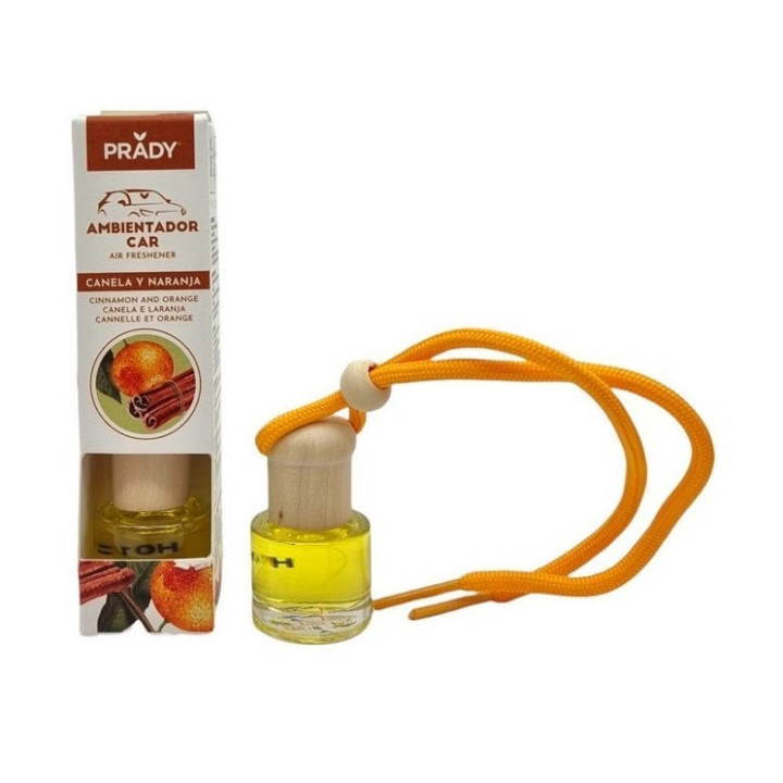 Prady Ambientador Coche Canela y Naranja - Frasco de Cristal 6 ml y Cuerda para Espejo Retrovisor