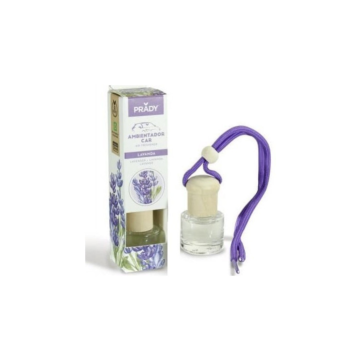 Prady Ambientador Coche Lavanda - Frasco de Cristal 6 ml y Cuerda para Espejo Retrovisor