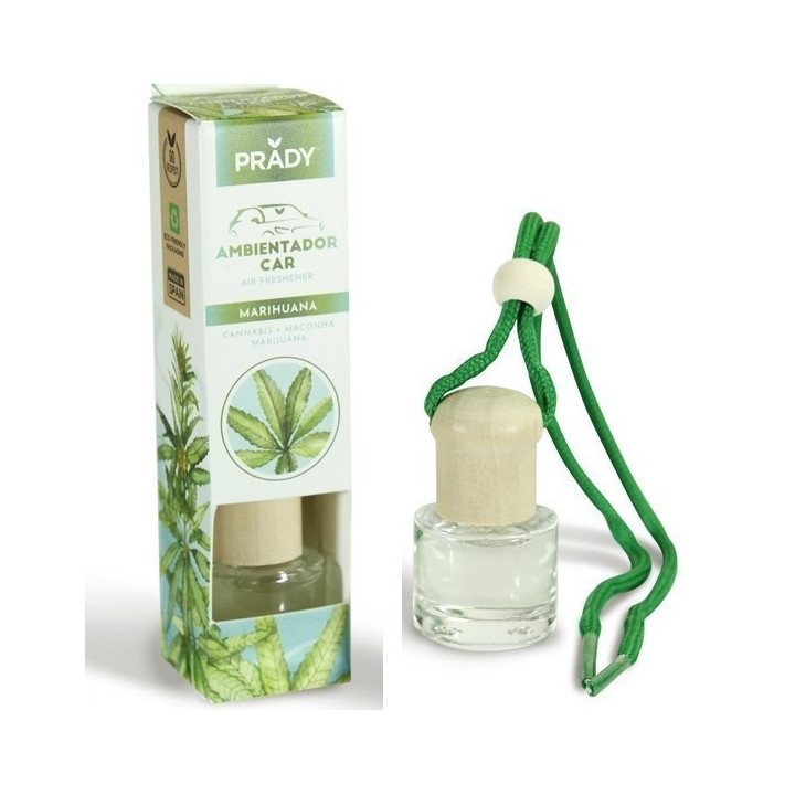 Prady Ambientador Coche Marihuana - Frasco de Cristal 6 ml y Cuerda para Espejo Retrovisor