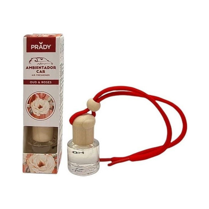 Prady Ambientador Coche OUD & Rose - Frasco de Cristal 6 ml y Cuerda para Espejo Retrovisor