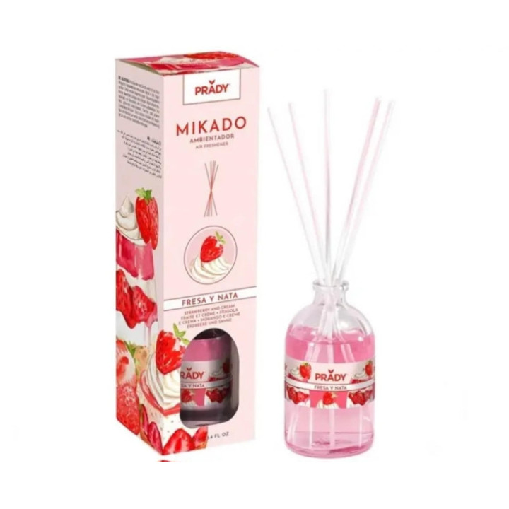 Prady Ambientador Mikado Fresas y Nata - Frasco de Cristal 100 ml y Varitas Difusoras