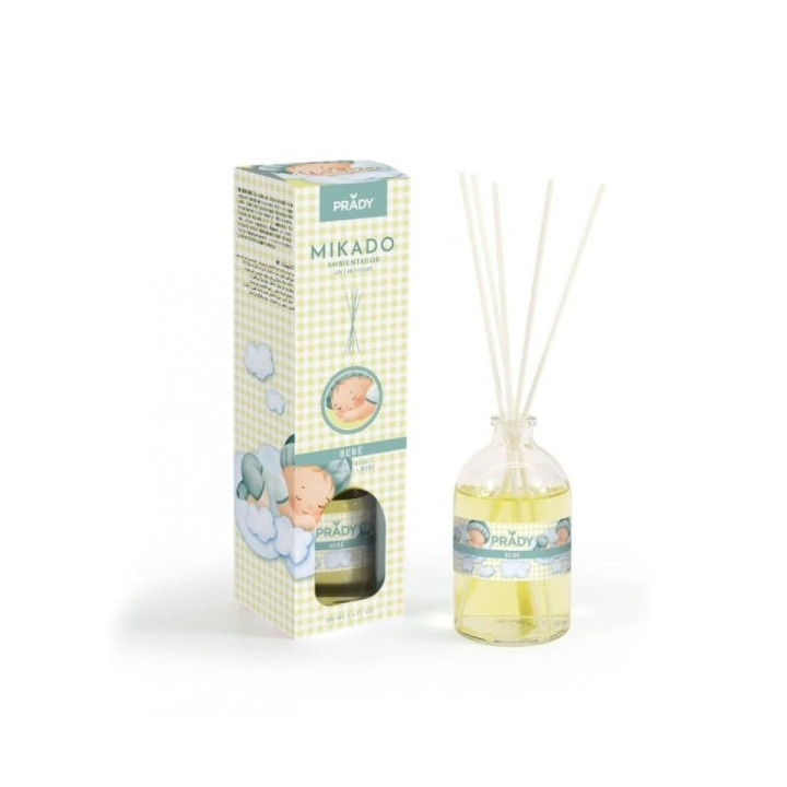 Prady Ambientador Mikado Bebe - Frasco de Cristal 100 ml y Varitas Difusoras