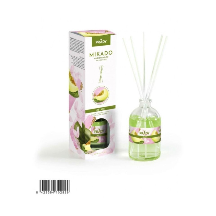 Prady Ambientador Mikado Melon - Frasco de Cristal 100 ml y Varitas Difusoras