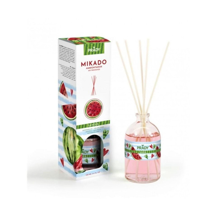 Prady Ambientador Mikado Sandia - Frasco de Cristal 100 ml y Varitas Difusoras