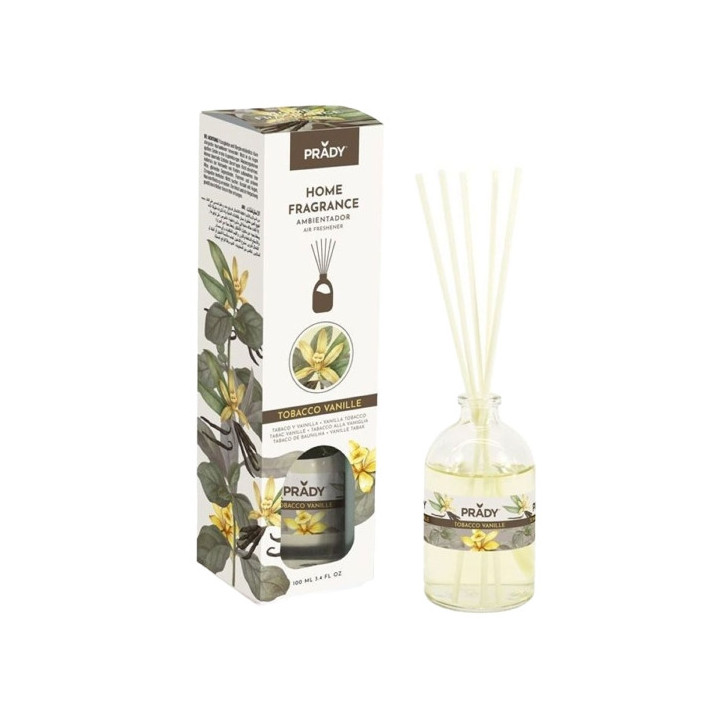 Prady Ambientador Mikado Tobacco Vanille - Frasco de Cristal 100 ml y Varitas Difusoras
