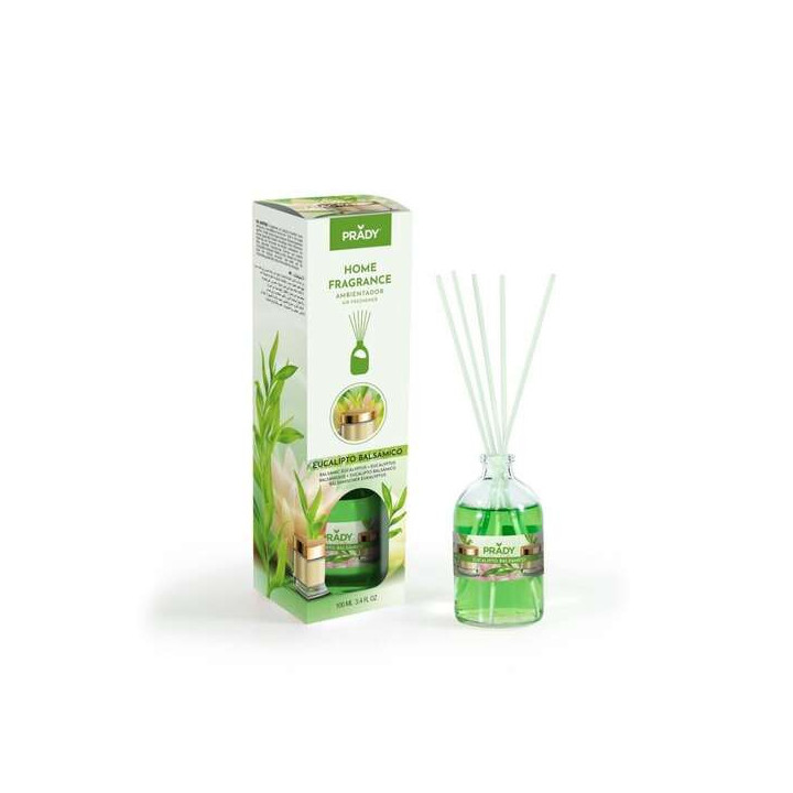 Prady Ambientador Mikado Eucalipto Balsamico - Frasco de Cristal 100ml y Varitas Difusoras