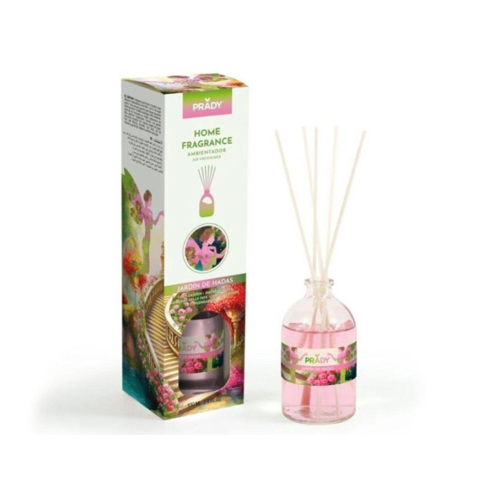 Prady Ambientador Mikado Jardin de Hadas - Frasco de Cristal 100 ml y Varitas Difusoras
