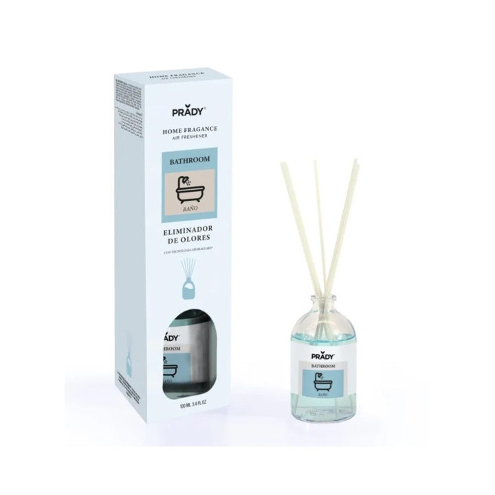 Prady Ambientador Mikado Neutralizador de Olores Para Baño - Frasco de Cristal 100 ml y Varitas Difusoras